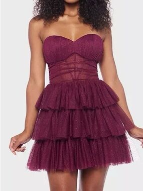 Alex & Sophia Strapless Burgundy Tiered Tulle Party Dress